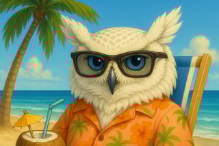 Owl in tropical shirt on beach